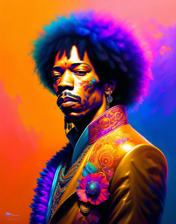 Colorful 70s Style Portrait of Man with Afro in Yellow Jacket