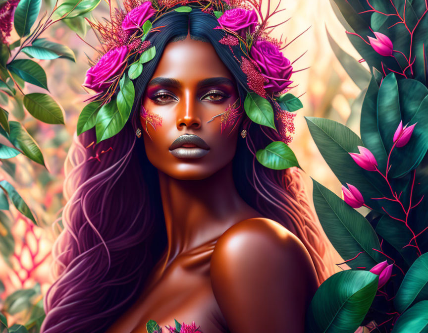 Digital illustration: Woman with vibrant purple hair and floral wreath in lush foliage