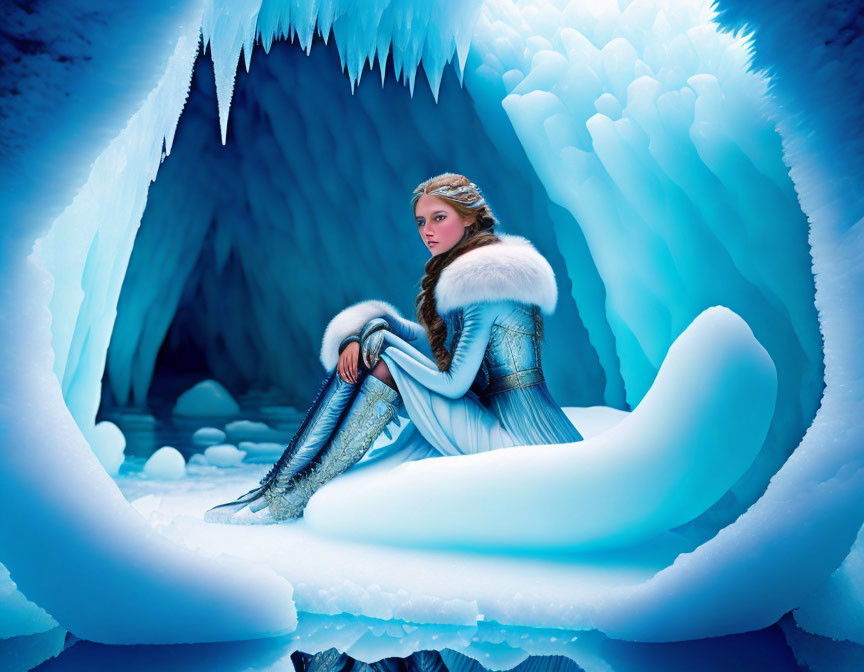Woman in white fur outfit sitting in ice cave with icicles - a winter fantasy.
