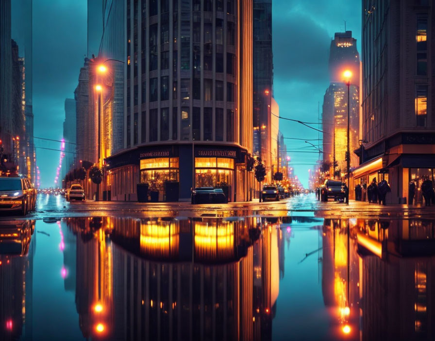 City Street at Dusk: Vibrant Reflections, Illuminated Buildings