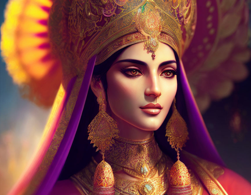 Regal woman with gold jewelry and grand headdress in warm-hued setting