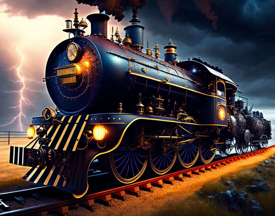 Vintage Steam Locomotive on Tracks Under Dramatic Sky with Lightning