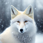 White Fox in Snowy Landscape with Falling Snowflakes