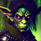 Fantasy creature with green skin and glowing patterns in dark hood, mystic forest background