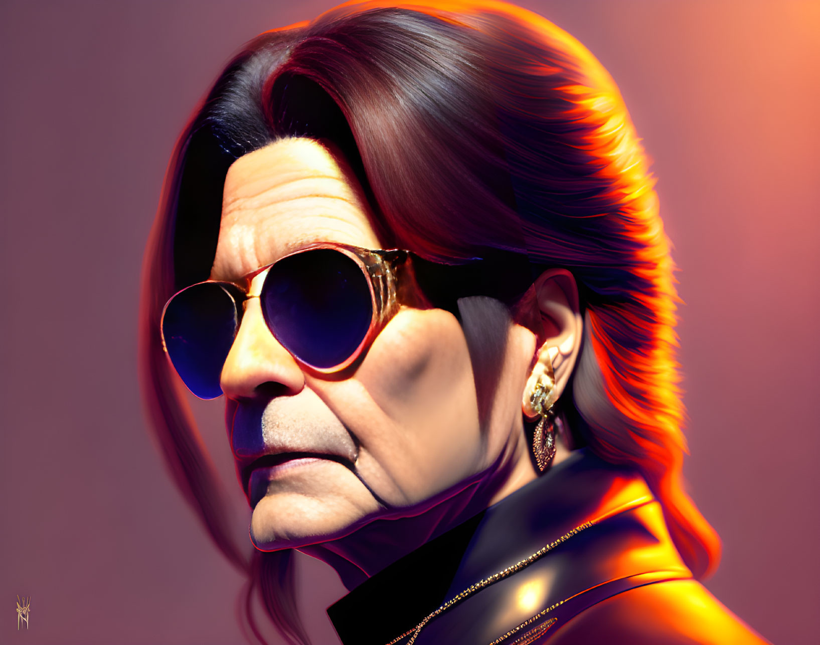Person with Sunglasses and Leather Jacket: Intense Gaze, Styled Hair