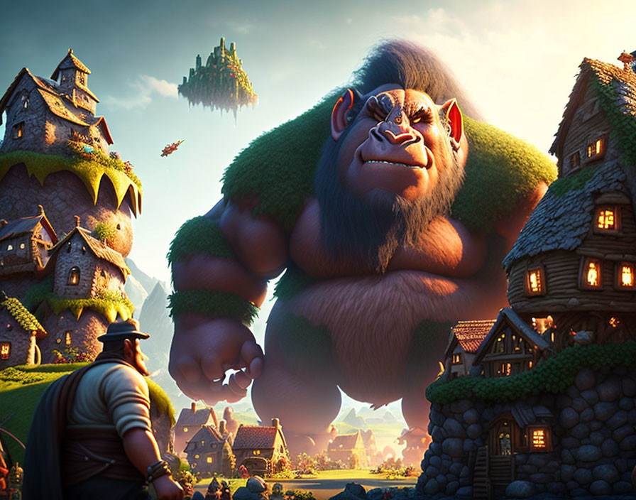 Giant Animated Gorilla-Like Creature in Village Setting