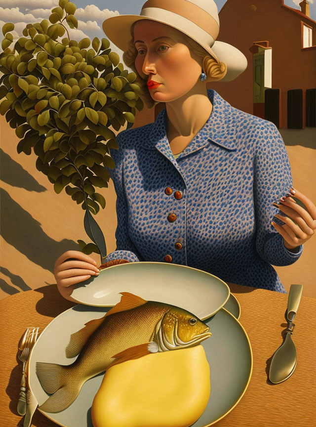 Surreal painting featuring woman in blue polka-dot dress with fish on plate