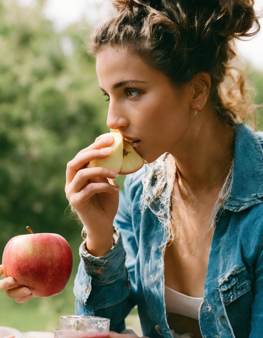 Woman in denim jacket eating apple outdoors with candle and whole apple in foreground