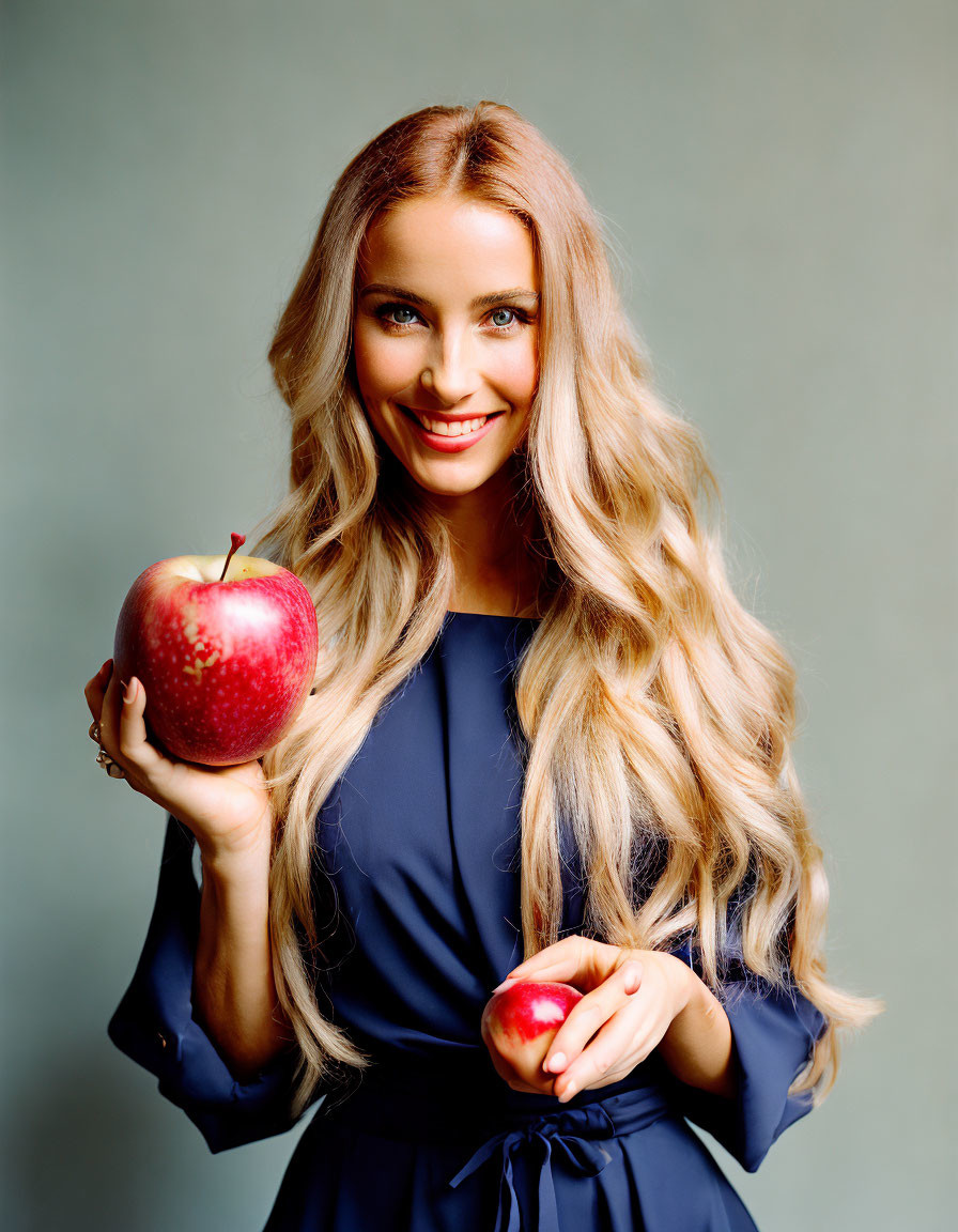 Blonde woman in blue dress holding red apples on grey background
