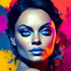 Colorful digital artwork of woman's face with bold makeup and vibrant blue eyes on blue background