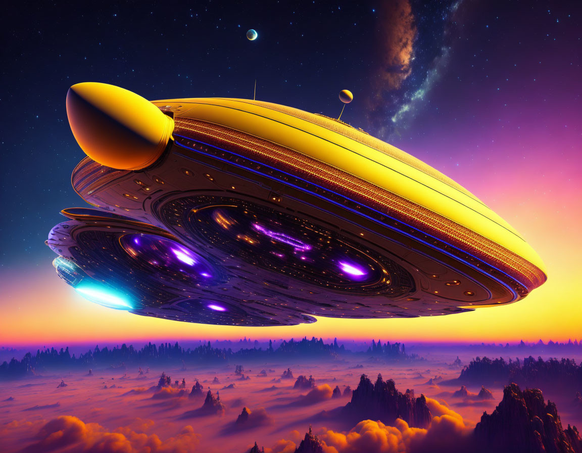Colorful UFO over alien landscape with planets and nebula