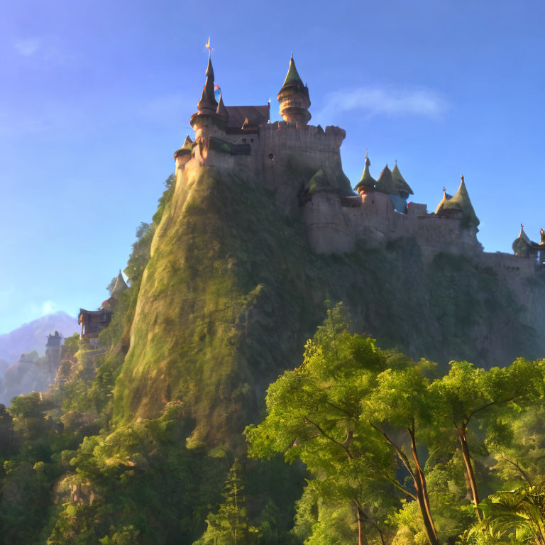 Majestic castle on green hill with golden sunlight and blue sky