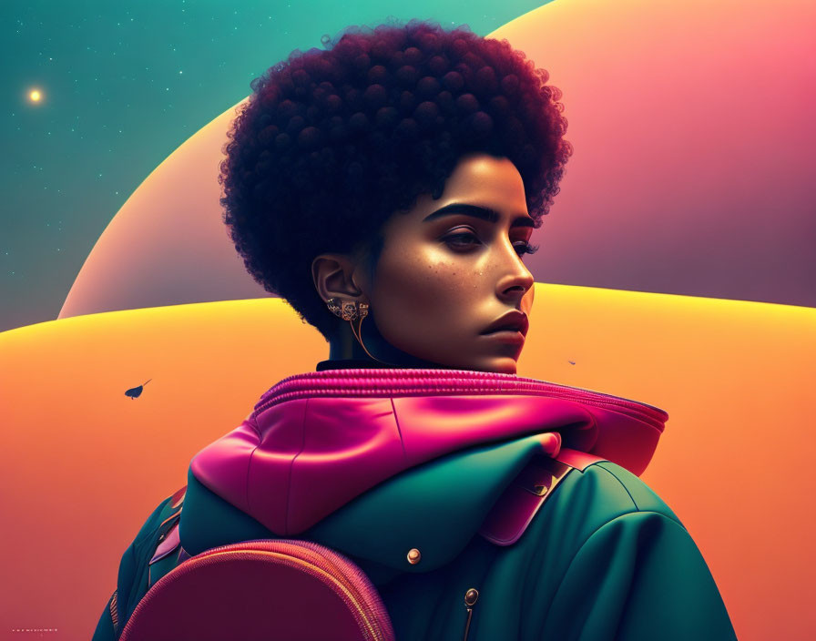 Woman with Large Afro in Stylish Jacket & Surreal Sky