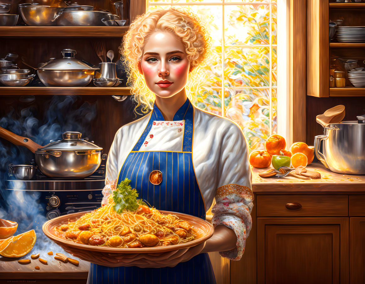 Blonde woman in blue apron with spaghetti in cozy kitchen