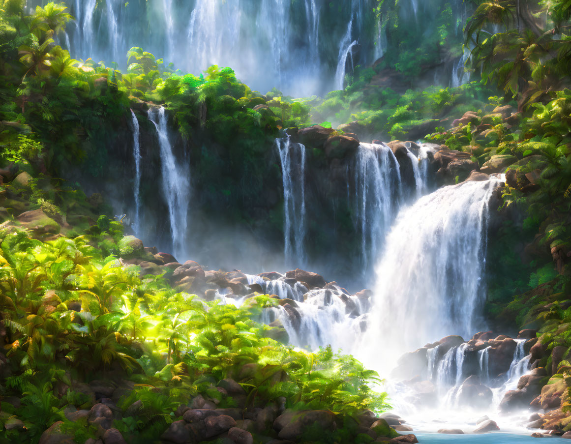 Tropical Waterfall with Cascades in Verdant Foliage