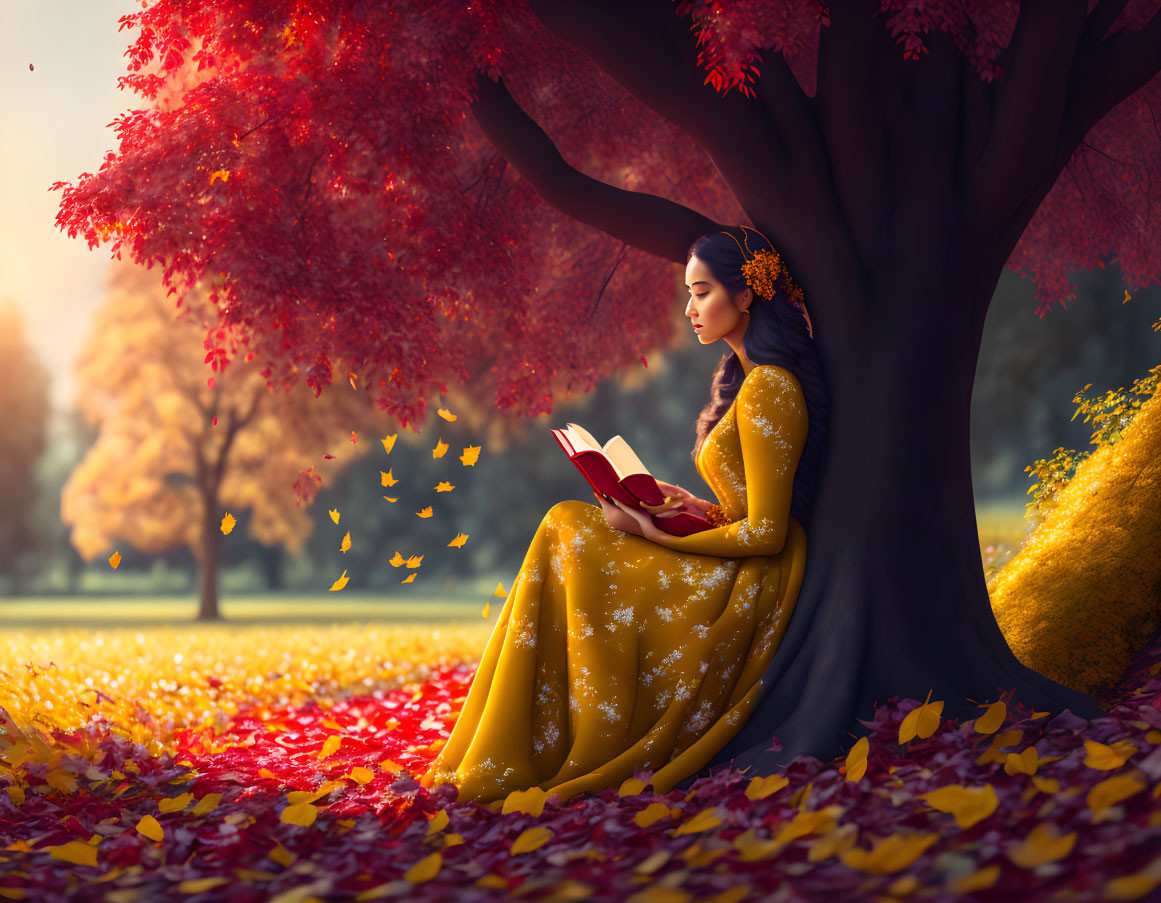 Woman in Yellow Dress Reading Book Under Red-Leafed Tree in Autumn Setting