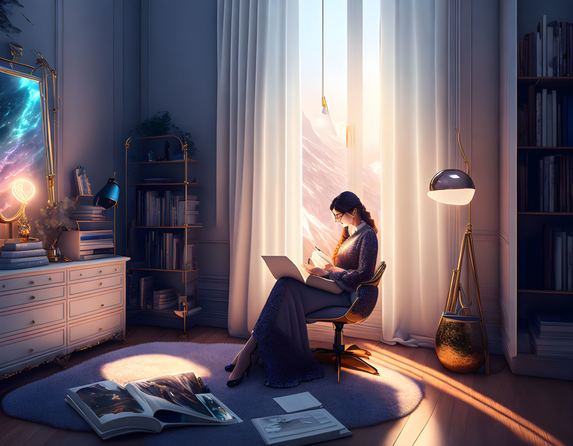 Woman working on laptop in cozy room with bookshelf, lamp, and window