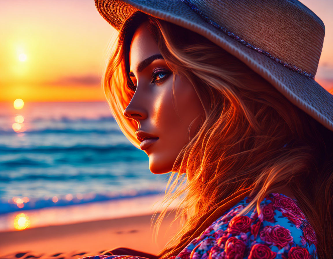Profile of Woman in Hat with Vibrant Floral Attire on Sunset Beach
