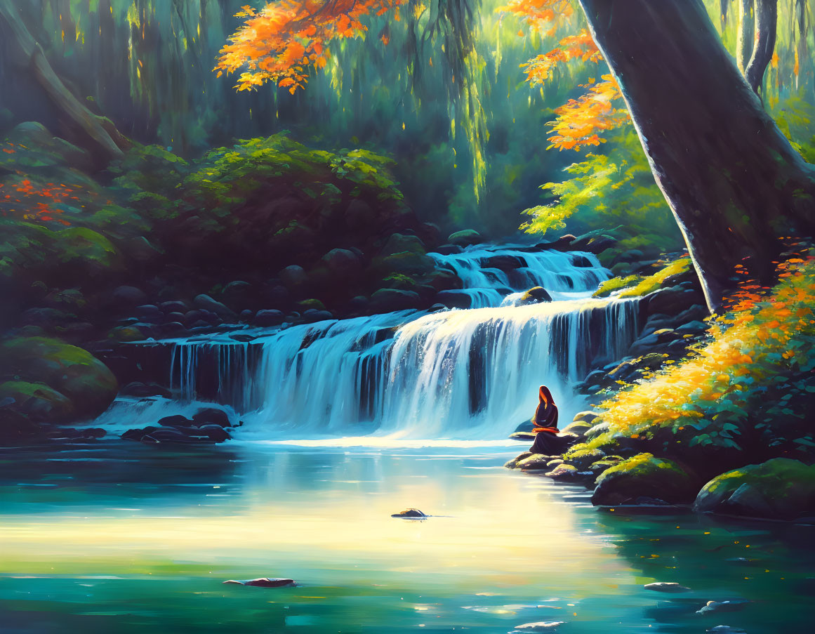 Tranquil waterfall scene with autumn trees and meditating person