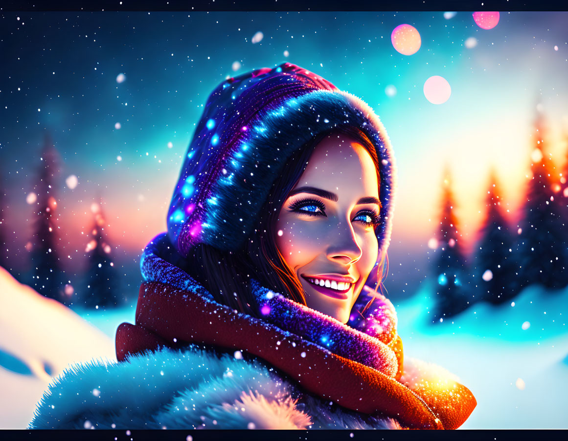 Woman smiling in winter scene with vibrant lights and snowflakes.