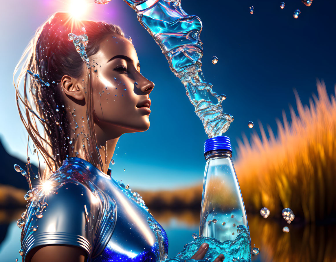 Woman pouring water over head with glistening droplets by serene lake