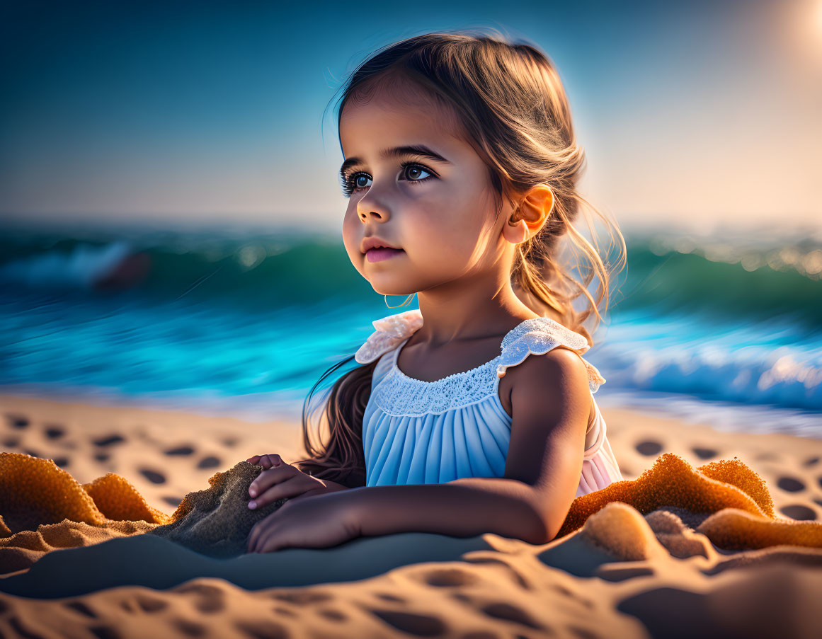 Young girl on beach at sunset holding sand with waves in background