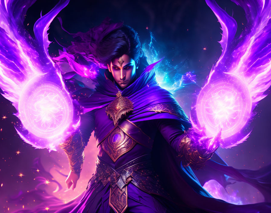 Mage with Glowing Purple Energy in Ornate Blue and Gold Robe