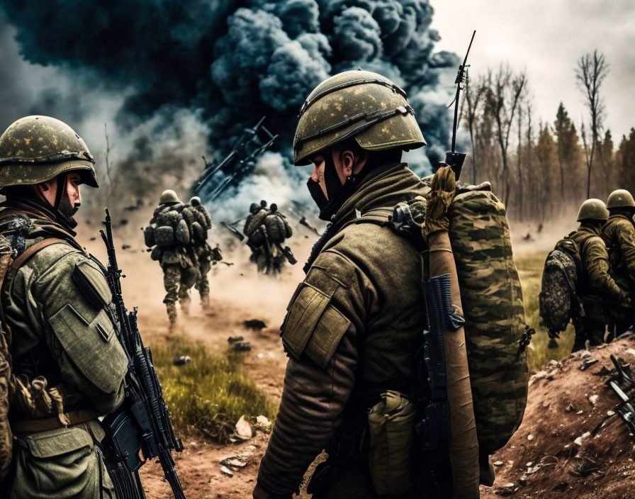 Military soldiers in combat gear on a smoke-filled battlefield with helicopters.