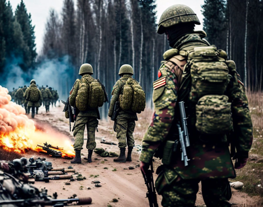 Military soldiers in camouflage marching with explosions and gear on dirt road