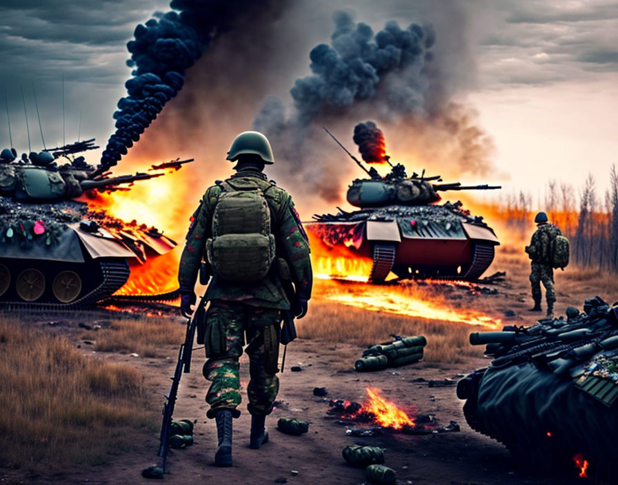 Soldier walking towards burning tanks on battlefield in smoke under ominous sky