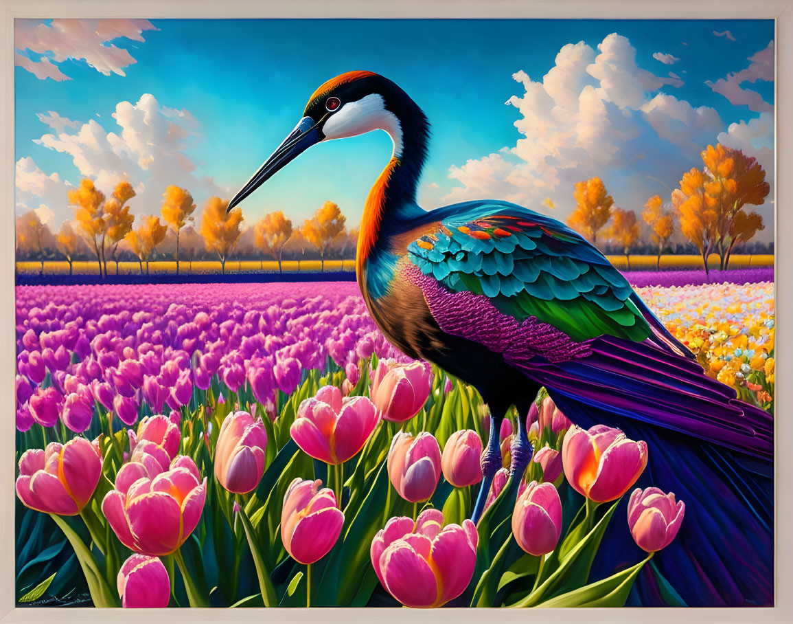 Colorful bird in tulip field under blue sky