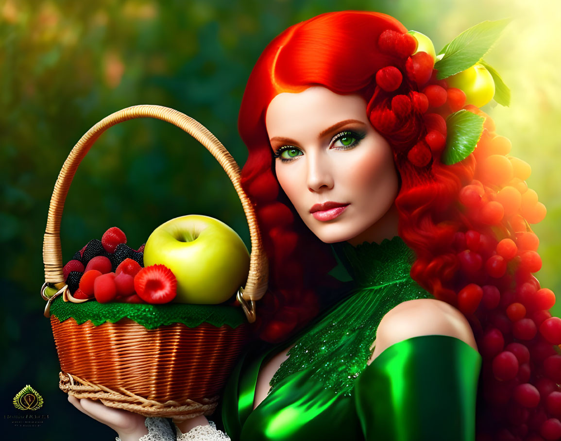 Vibrant red-haired woman with berries holding fruit basket on green backdrop