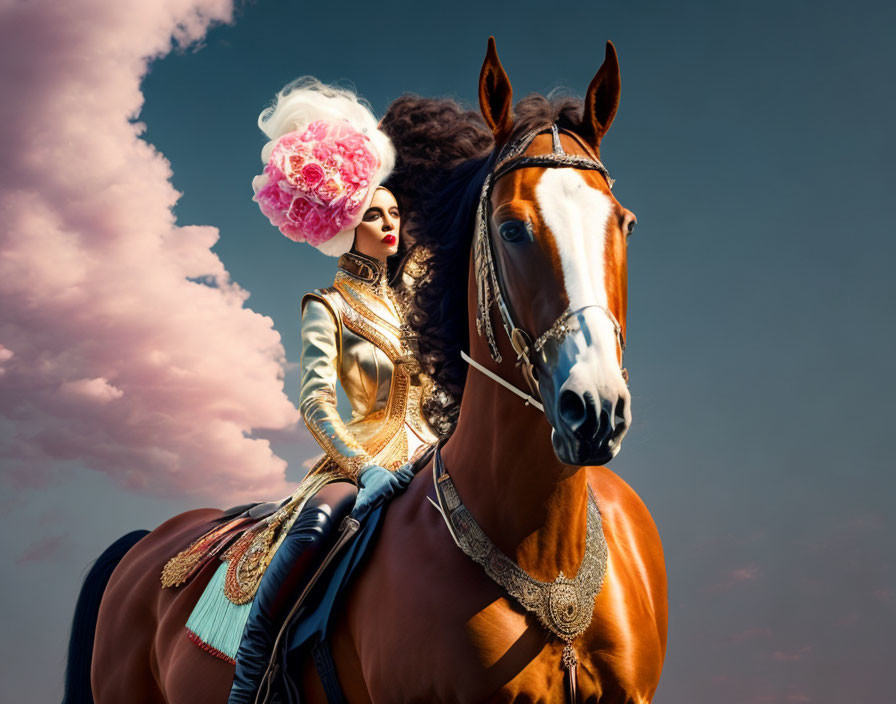 Woman in ornate costume with floral headdress riding brown horse under blue sky