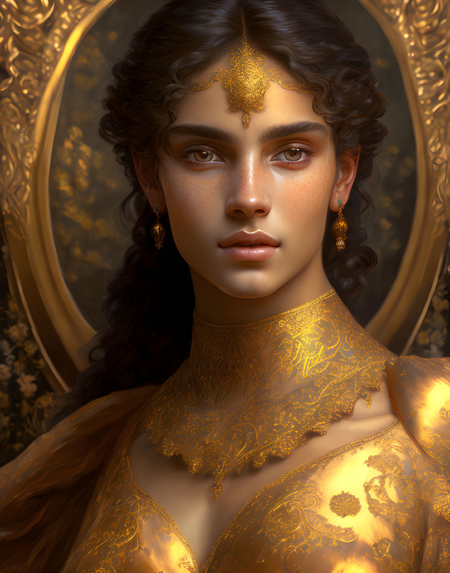 Regal woman adorned in intricate gold jewelry and ornate attire on golden backdrop