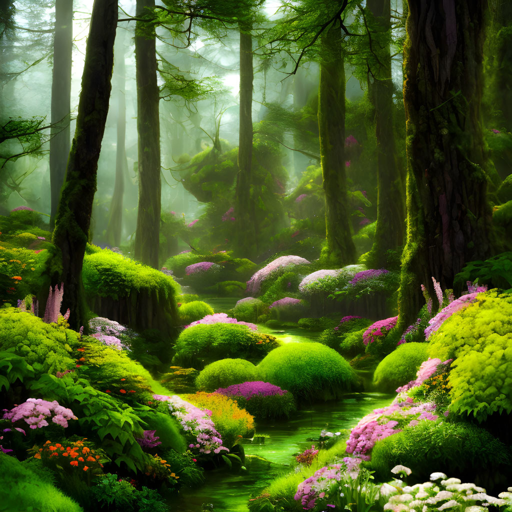 Vibrant Flowers in Green Forest with Serene Stream