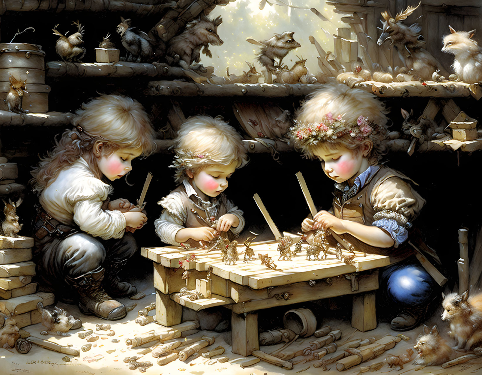 Children crafting tiny wooden structures in whimsical workshop with forest animals.