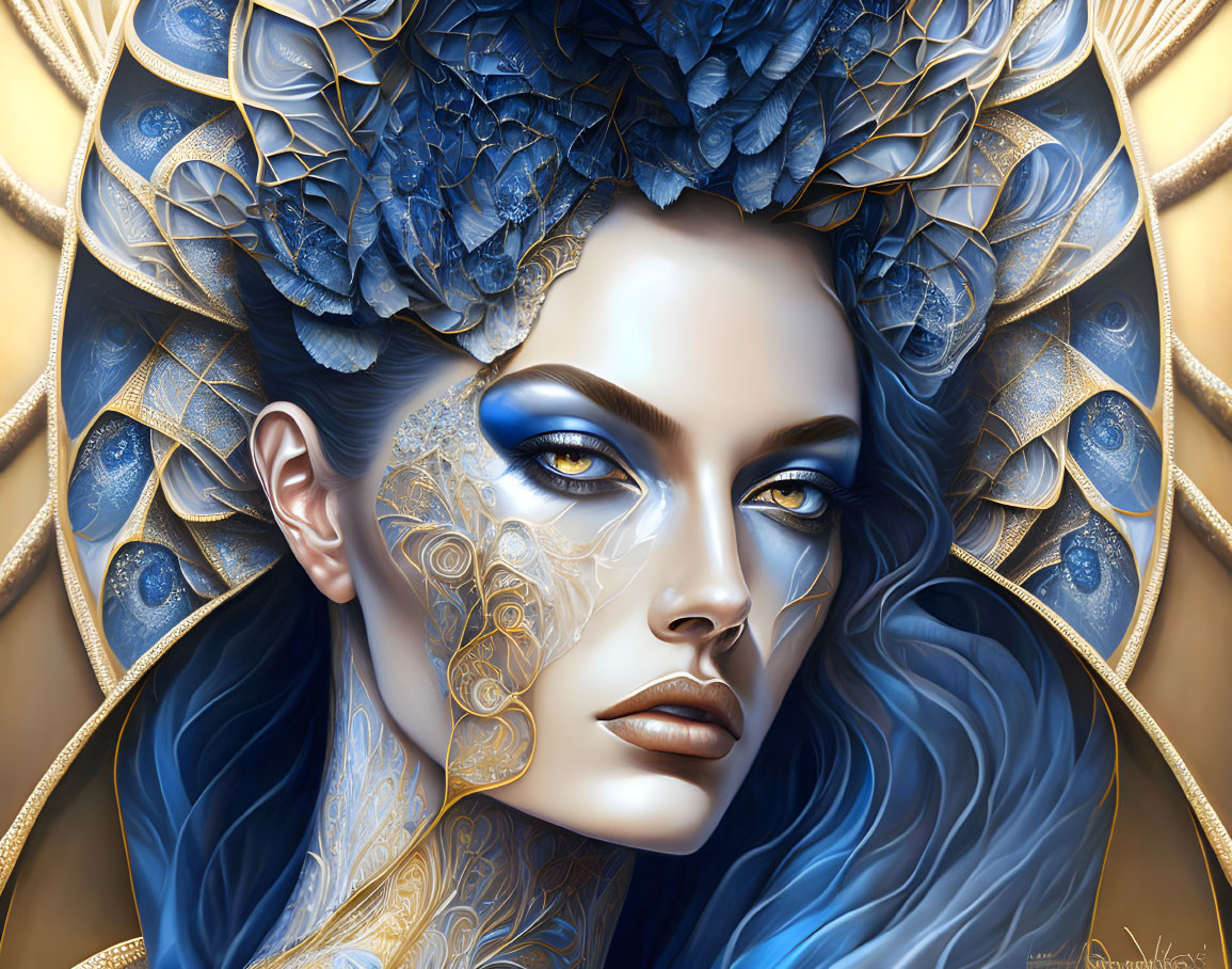 Elaborate Blue and Gold Headpiece on Woman with Peacock Feather Motifs