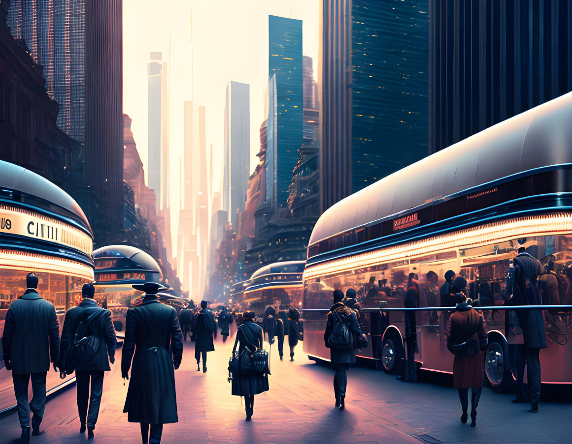 Sleek buses, bustling crowd, and neon-lit skyscrapers in futuristic cityscape