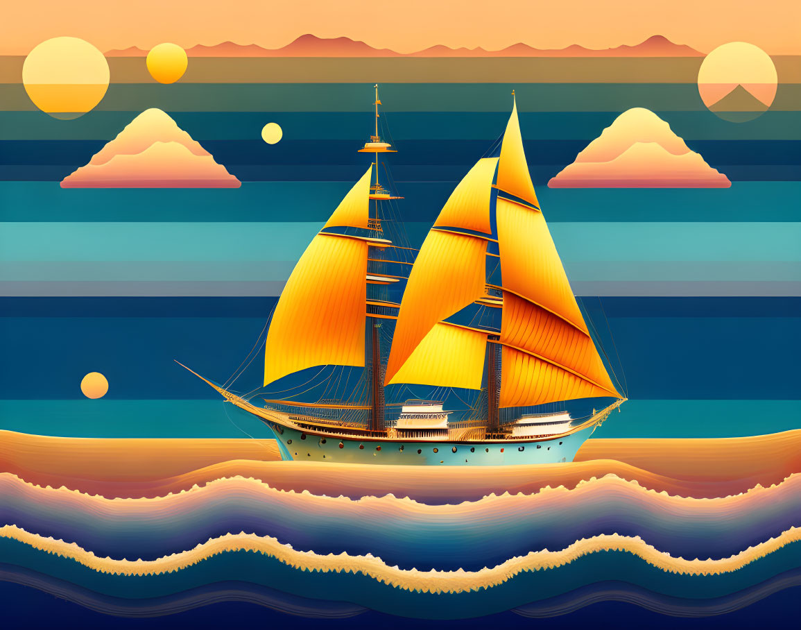 Colorful sailing ship on striped seas under stylized sunset