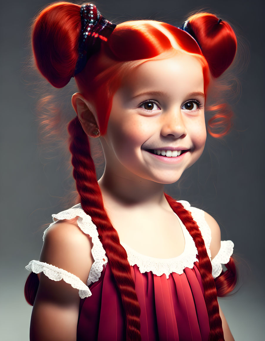 Young girl with red hair and pigtails in red dress with white lace detailing