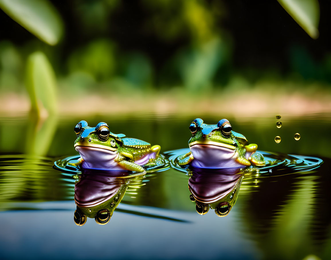 Two vibrant green frogs on water surface with reflections and droplets.