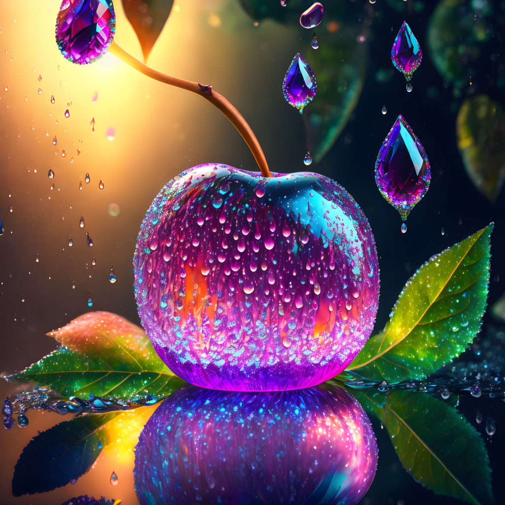 Colorful Apple with Water Droplets and Bokeh Background