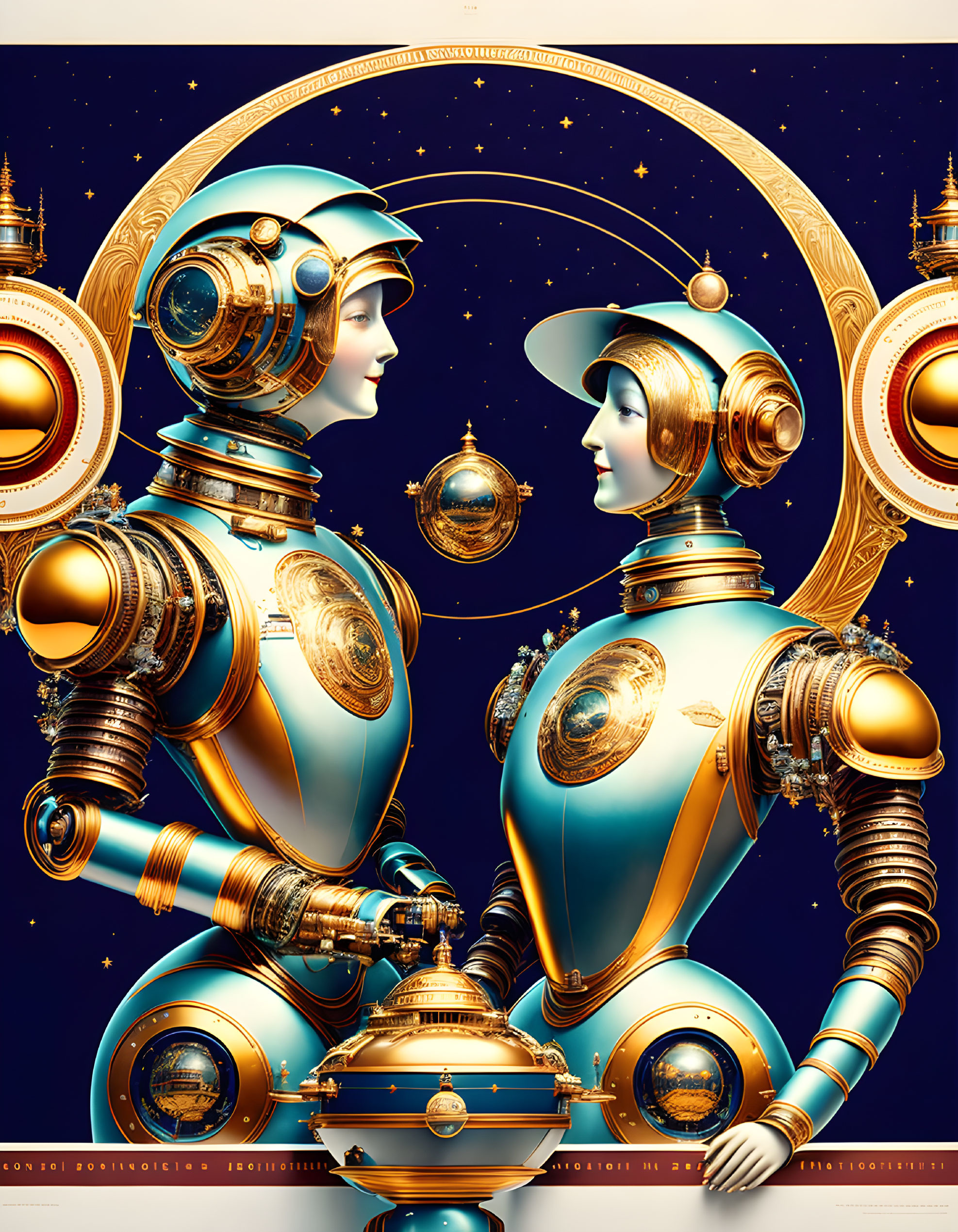 Detailed futuristic robots with human-like features surrounded by celestial motifs and intricate golden designs on blue background.
