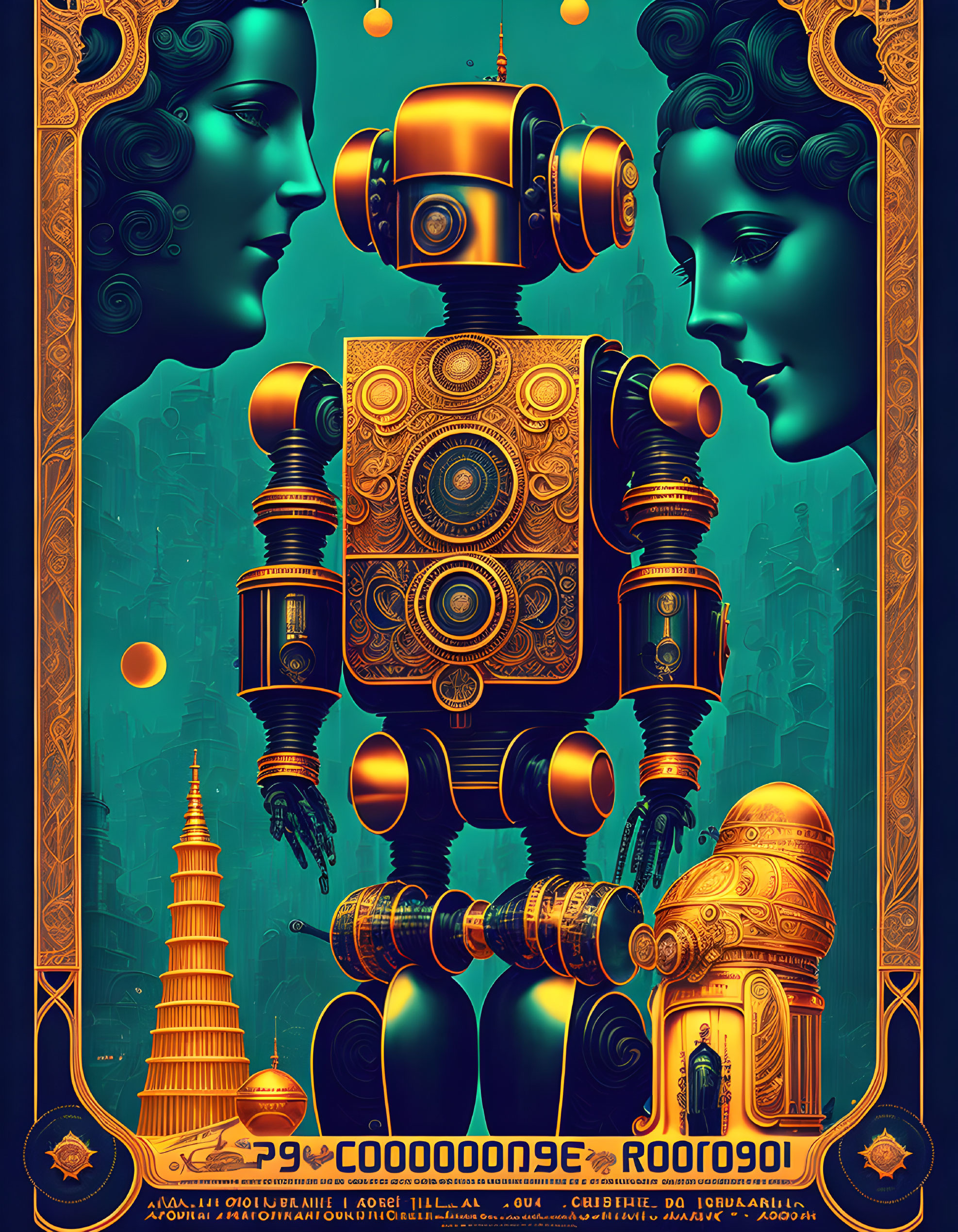 Symmetrical female profiles and ornate robot in art deco style illustration