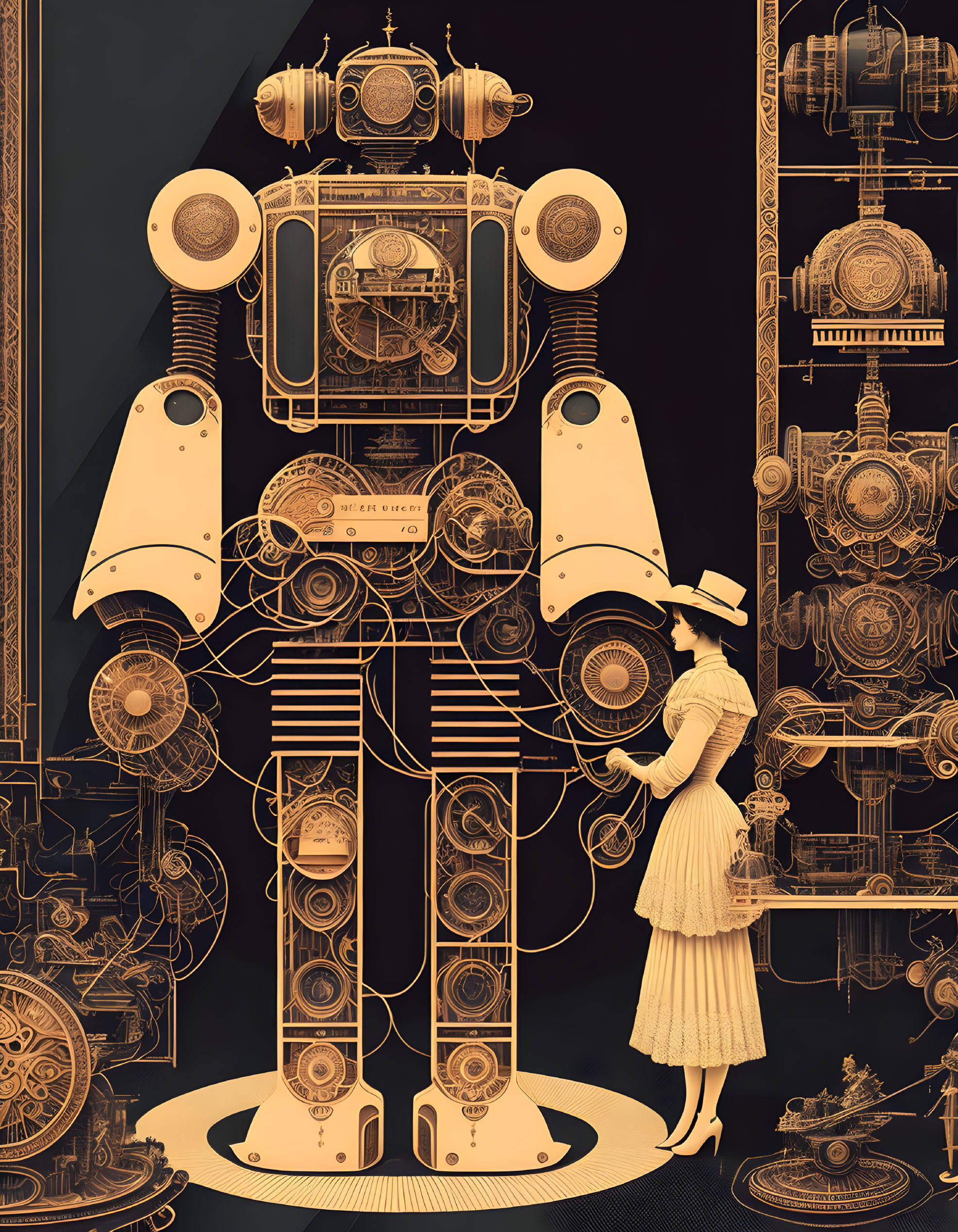 Victorian woman gazes at steampunk robot in sepia tone scene