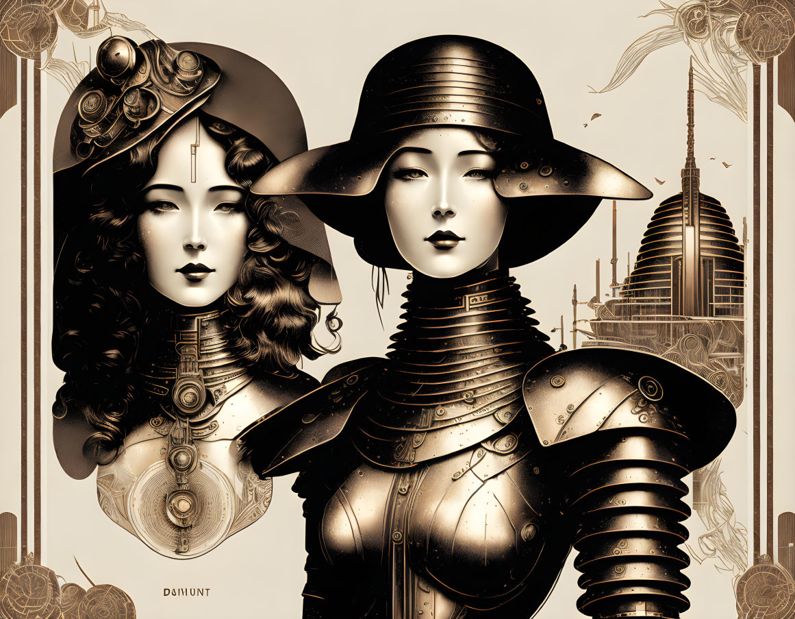 Stylized female steampunk characters in mechanical suits with ornate hats against backdrop of gears and