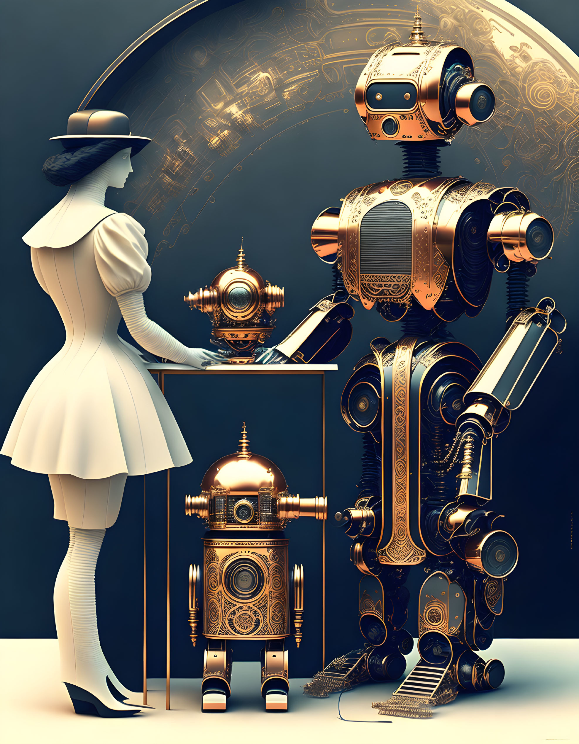 Woman in white outfit with steampunk robots against mechanical backdrop