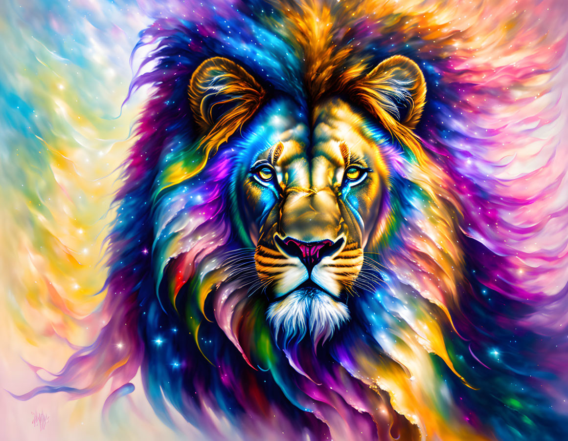 Colorful Lion Painting with Cosmic Mane and Abstract Background