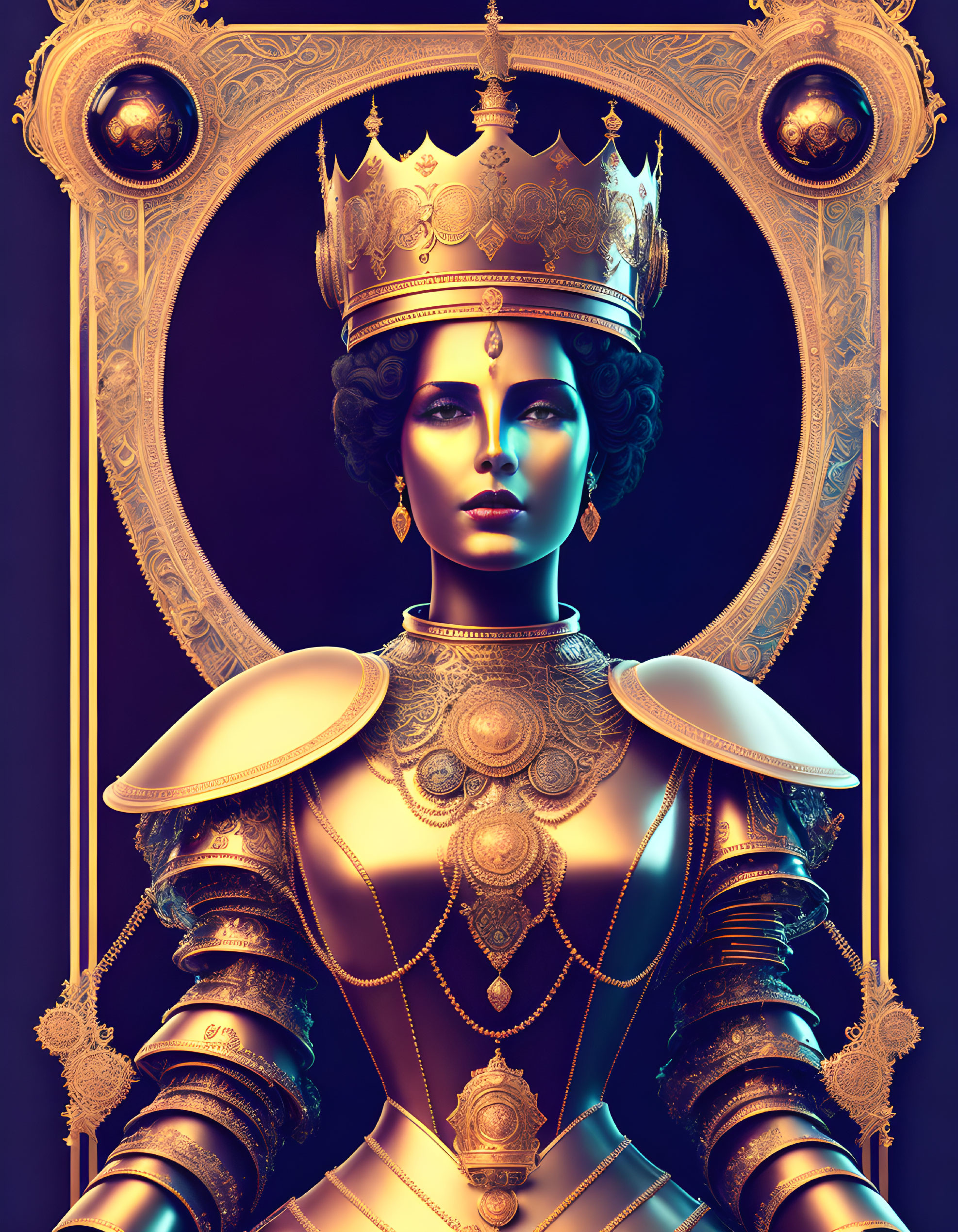 Regal figure with crown and ornate attire in digital artwork