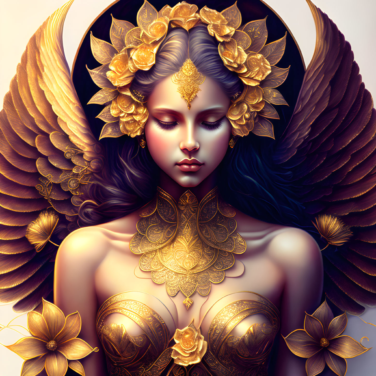 Golden flowers surround woman with ornamental headdress and dark angelic wings